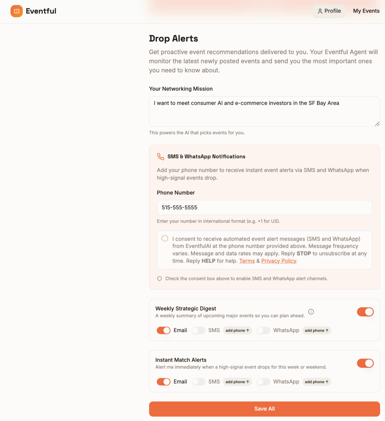 Example of the Eventful AI opt-in and notification preferences screen.